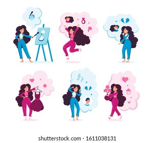 Young Woman Lifestyle Trendy Flat Vector Character Set. Lady Practicing Art Therapy, Celebrating Engagement, Crying Because Relationships Break, Choosing Dress, Calling Boyfriend Isolated Illustration