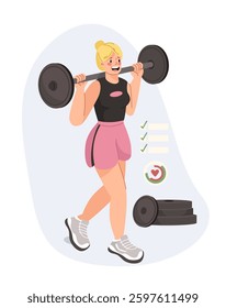 Young woman lifting a barbell while smiling, wearing athletic clothing. Fitness checklist and weight plates in the background. Concept of strength training and healthy lifestyle. Vector illustration