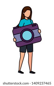 young woman lifting camera photographic character