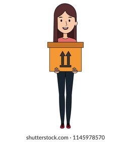 young woman lifting carton box