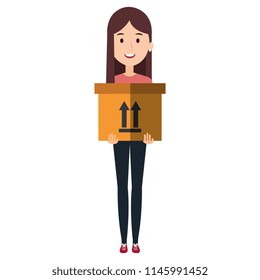 young woman lifting carton box
