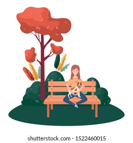 young woman lifting cute dog in the park vector illustration design