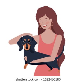 young woman lifting cute dog mascot characters vector illustration design