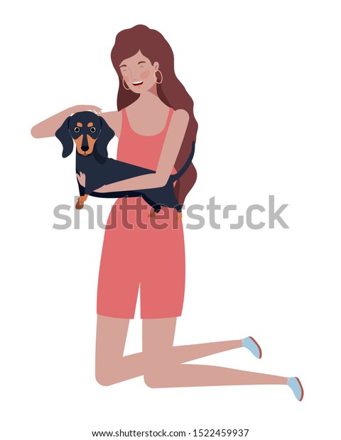 young woman lifting cute dog mascot characters\
vector illustration\
design