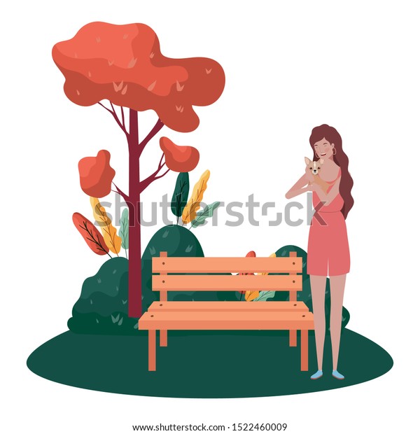 young woman lifting cute dog in the park vector\
illustration design