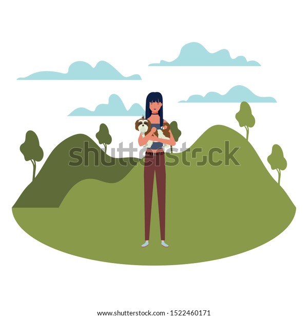 young woman lifting cute dog mascot in the field\
vector illustration\
design