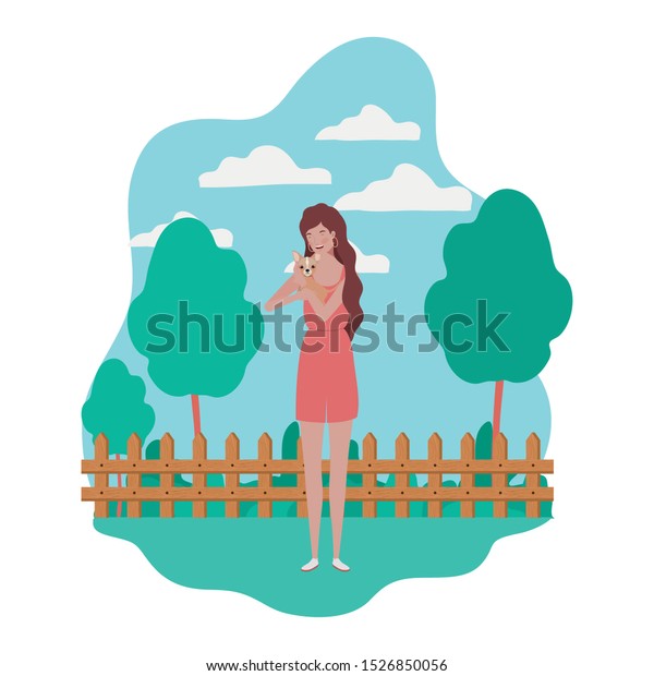young woman lifting cute dog mascot in the field\
vector illustration\
design
