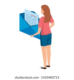 young woman lifting envelope mail send