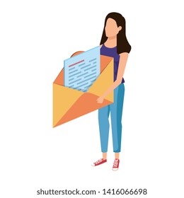 young woman lifting envelope mail send