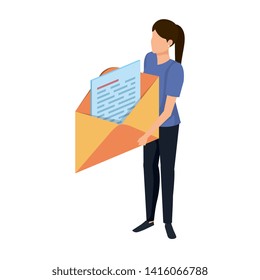 young woman lifting envelope mail send