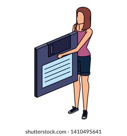 young woman lifting floppy disk data storage