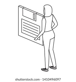 young woman lifting floppy disk data storage
