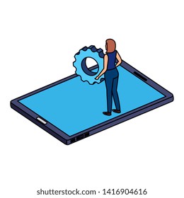 young woman lifting gear in smartphone