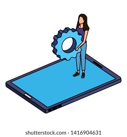 young woman lifting gear in smartphone
