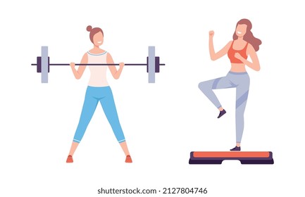 Young Woman Lifting Heavy Barbell and Raising Legs Doing Fitness Workout Vector Set