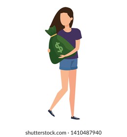young woman lifting money bag