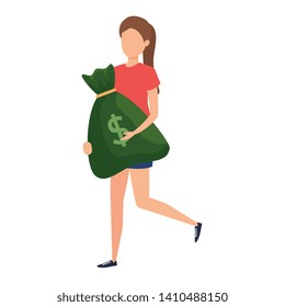 young woman lifting money bag
