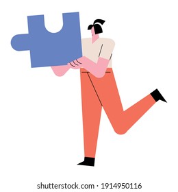 young woman lifting puzzle piece character vector illustration design