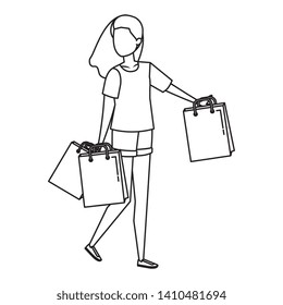 young woman lifting shopping bags character