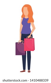 young woman lifting shopping bags character