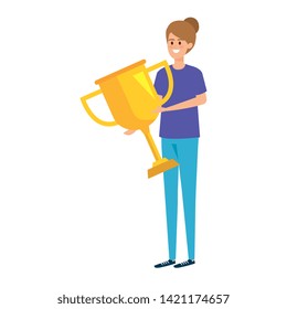 young woman lifting trophy cup award