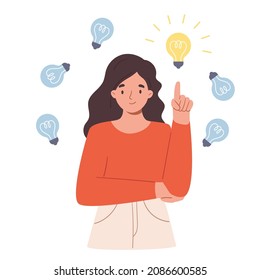 Young woman with light bulbs that symbolize ideas. Decision making and choosing ideas. Vector flat illustration