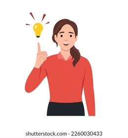 Young woman with light bulbs that symbolize ideas. Decision making and choosing ideas. Flat vector illustration isolated on white background