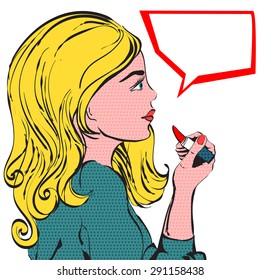 young woman lipstick young woman paints her lips with lipstick, vector illustration pop art, comics, blank for text, make pop art, dots, isolated image on a white background