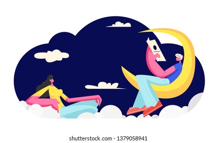 Young Woman Listen Man Reading Poetry Sitting on Moon. Love Dating. Happy Couple in Loving Relations Spending Happy Time Together, Sweet Life Moments, People Flirting. Cartoon Flat Vector Illustration