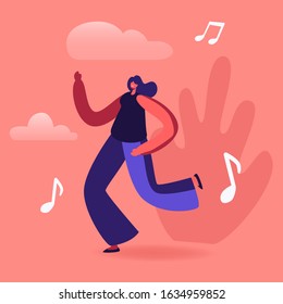 Young Woman Listen Music Dancing on Disco Party. Happy Girl in Fashioned Clothing Celebrating Holiday, Spending Time Moving to Sound Rhythm Happy Leisure and Sparetime. Cartoon Vector Illustration