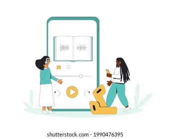 Mujer joven escuchando audiolibro. Dos adolescentes y un teléfono enorme con aplicación educativa. Ilustración vectorial.