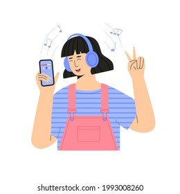 A young woman listening to fun dynamic music with headphones through an app in her smartphone and singing along. Vector illustration in a flat style on a white background