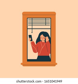 Young woman is listening to music or audio book with headphones on her smartphone near open window. Vector illustration