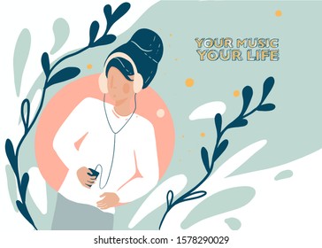 Young woman listening music and dancing. Pastel colored vector illustration