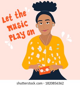 Young woman is listening to music in earphones and enjoy sound.Fan,meloman.Girl is holding retro audio player with tape inside.Poster for jazz club,store,acoustic bar.Let the music play on lettering