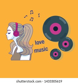 Young woman listening music in headphones with melody and vinyl record isolated on Orange background. Vector illustration.