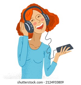 Young woman listening to music in headphones vector illustration isolated on white, girl is enjoying and relaxing listening to music.