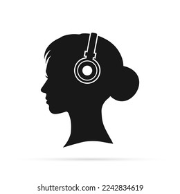 Young woman listening to music with headphones. Avatar side view. Isolated vector illustration.