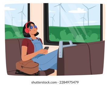 Young Woman Listening To Music With Headphones While Riding The Train. She Appears Lost In Her Own World, Enjoying The Music And Her Privacy with Personal Audio Device. Cartoon Vector Illustration