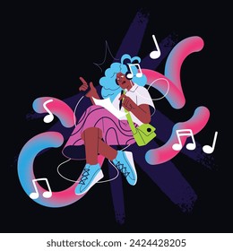 Young woman listening to music with headphones. Happy girl in earphones with smartphone composes, writes pop songs. Creative character holds audio sound player. Flat isolated vector illustration