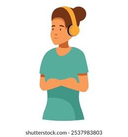 Young woman listening music in headphones with crossed arms vector illustration