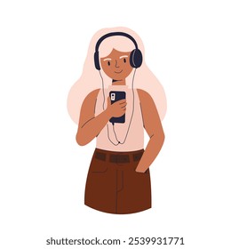 Mujer joven escuchando música con auriculares. Video Muchacha que disfruta de canciones, mirando con los auriculares conectados al smartphone. Ilustración vectorial