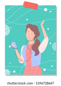 Young woman listening music on her phone and dancing. Girl listens to songs through headphones and moves to sound. Vector illustration flat style