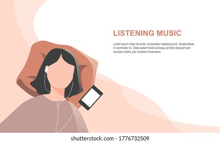Young woman listening to music on her phone. Design for banner, landing page, web. Vector Illustration in flat style