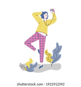 Young woman listening to music on headphones - female cartoon character dancing with closed eyes to song from her smartphone. Flat isolated vector illustration