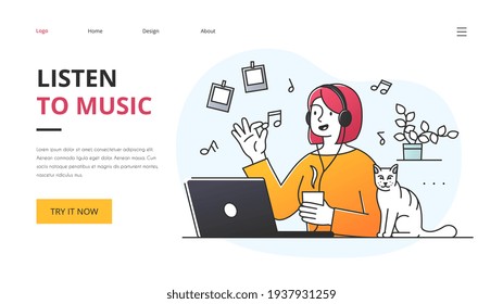 Young woman listening to music on stereo headphones as she works in an office on a laptop computer accompanied by her cat, colored vector illustration website landing page template