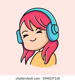 Young woman listening to music on wireless headphones cartoon illustration
