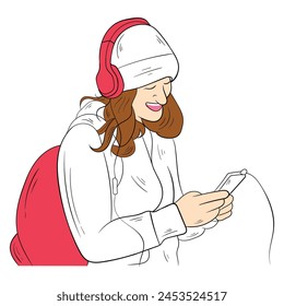 Young woman listening to music on headphones.Vector flat illustration