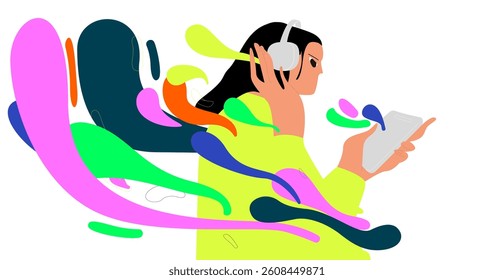 Young woman listening to music on mobile phone app with headphones. Modern girl enjoying favorite melody, audio track. Flat vector illustration isolated on white background