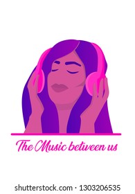 Young Woman Listening to Music via Headphones. Ultraviolet Flat Vector Illustration